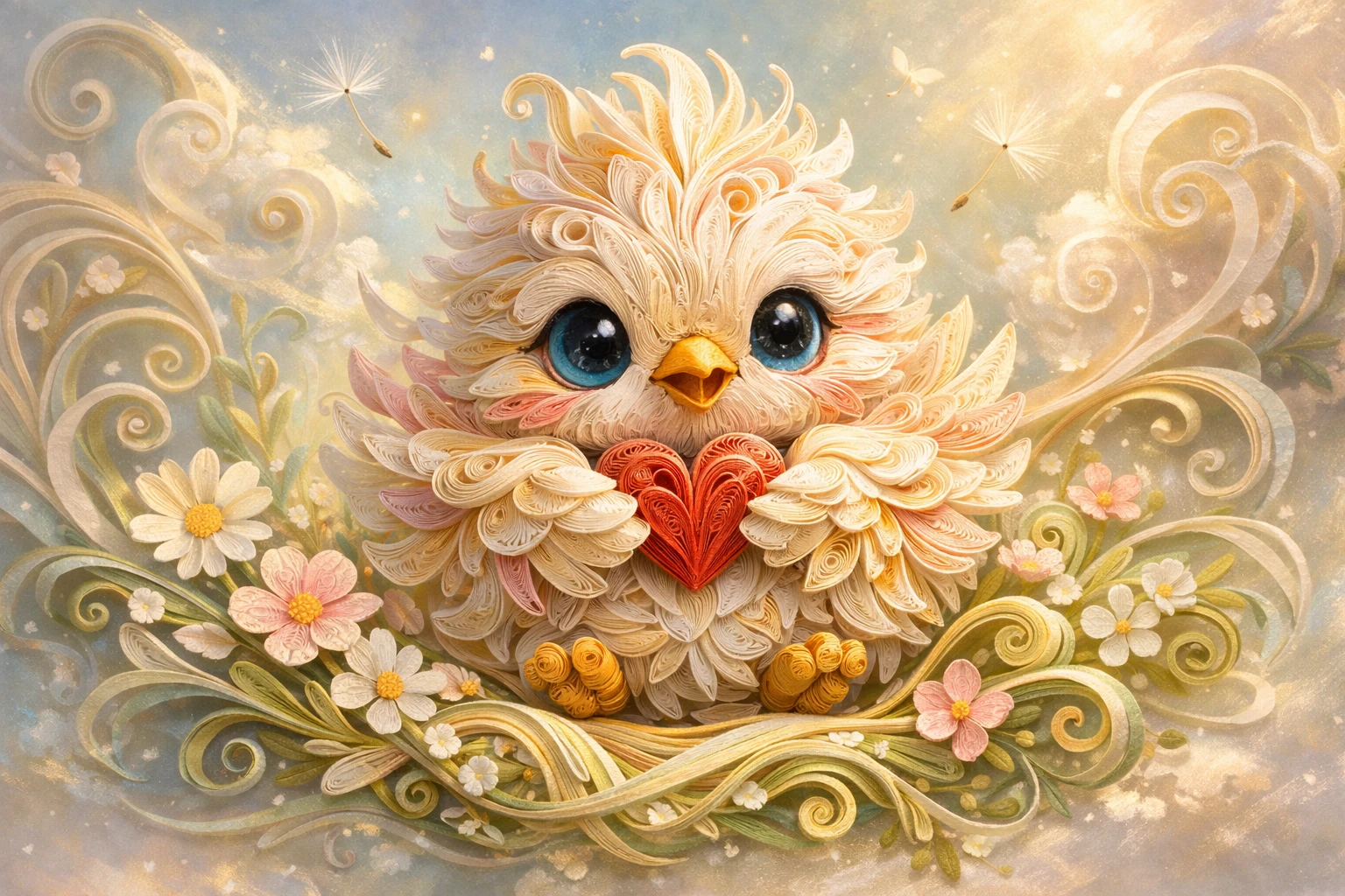 Fofo passarinho bebê em quilling de papel segurando um pequeno coração