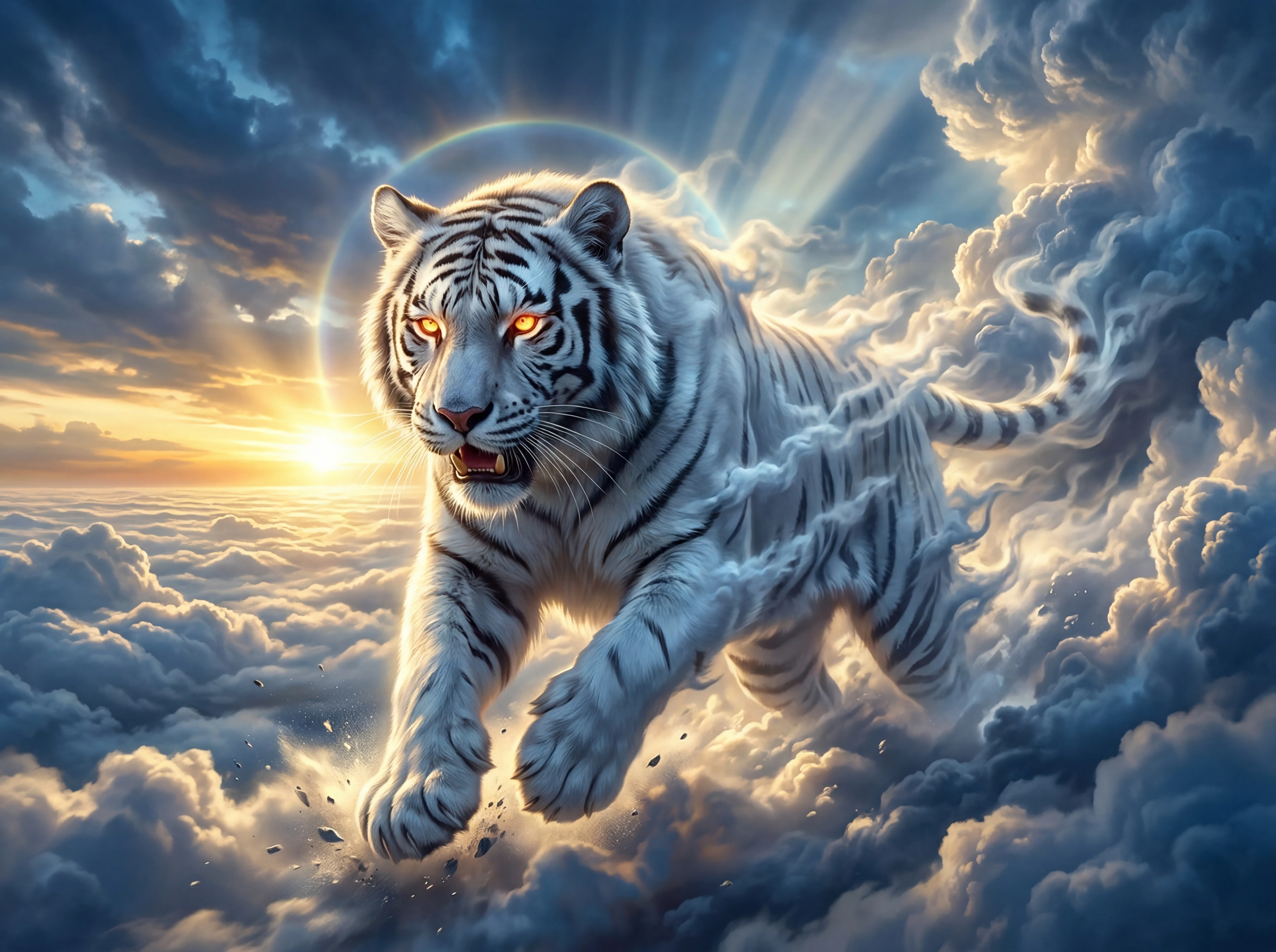 Tigre blanc céleste fonçant au-dessus d’une mer de nuages infinie
