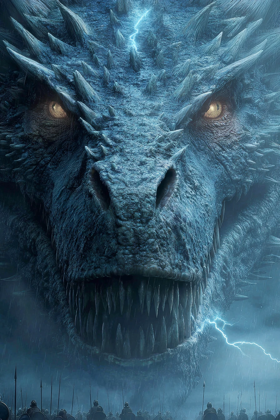 Colossal dragon head looming over tiny soldiers in battle