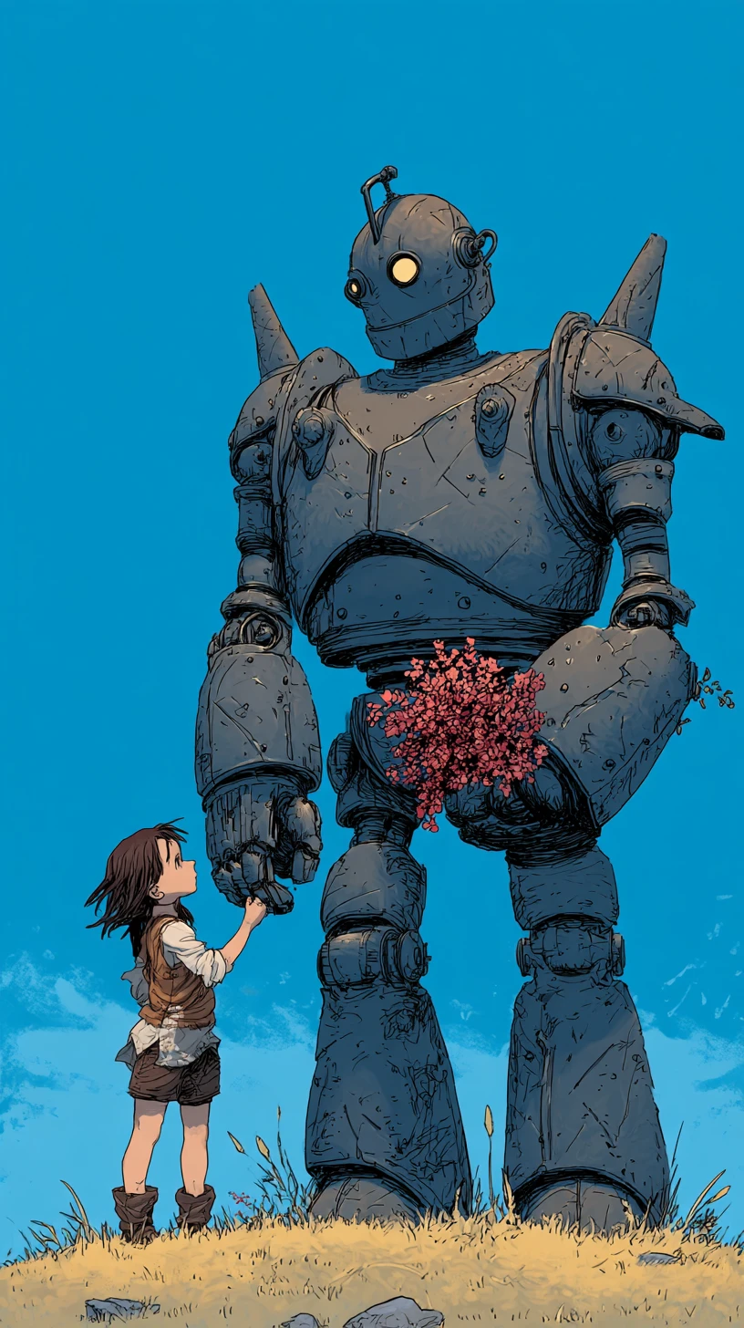 Riesiger Roboter und lächelndes Mädchen unter strahlend blauem Himmel