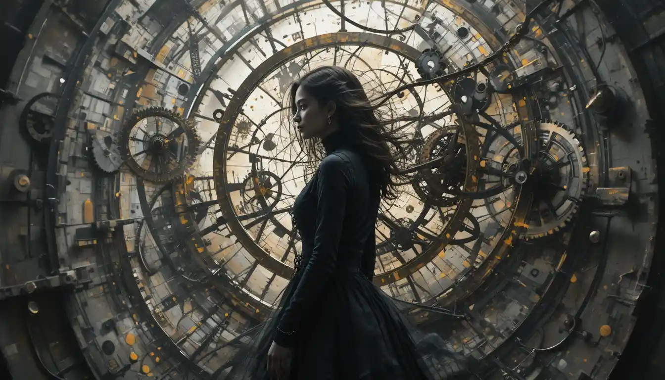 Young woman in swirling mechanical clockwork surreal scene