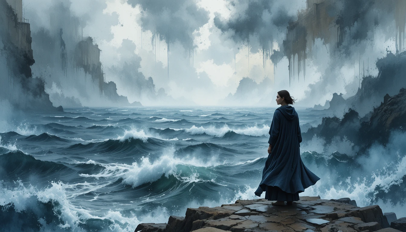 Young woman on cliff facing a stormy watercolor sea