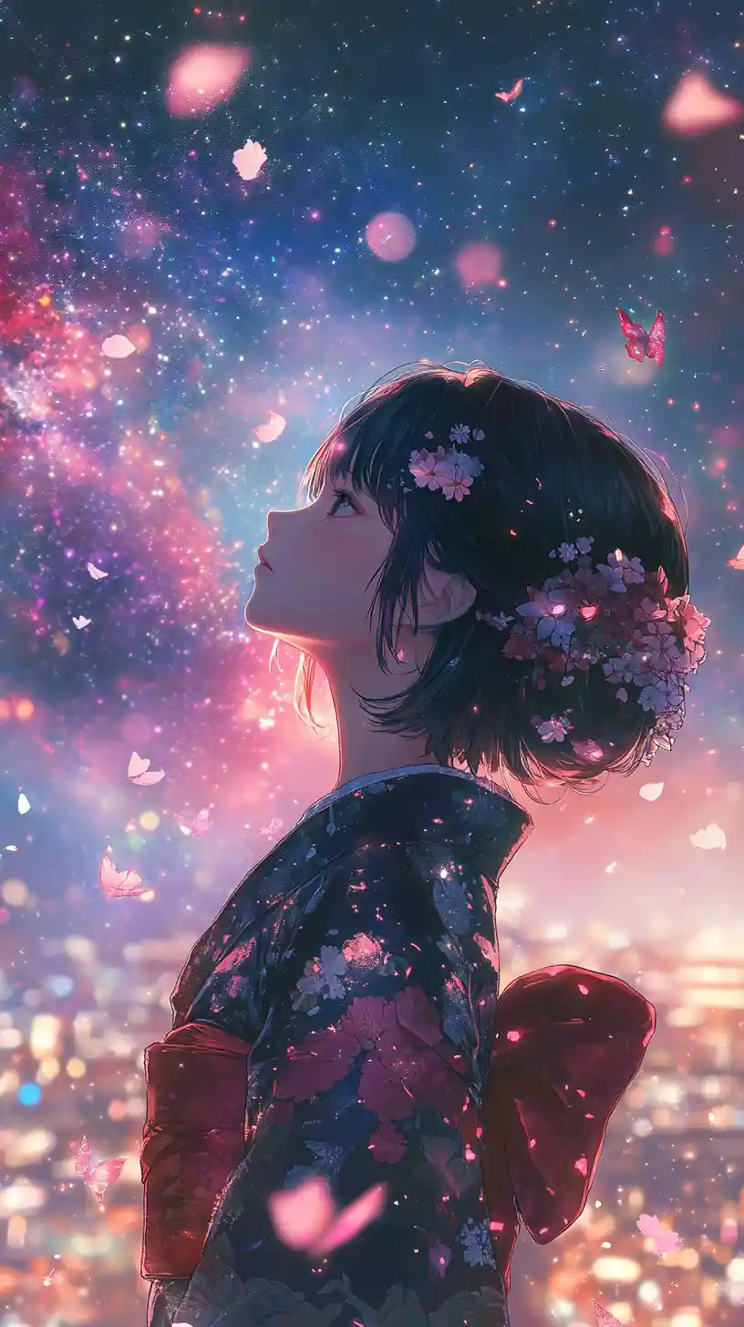 Fille d’anime en kimono levant les yeux vers un ciel étoilé