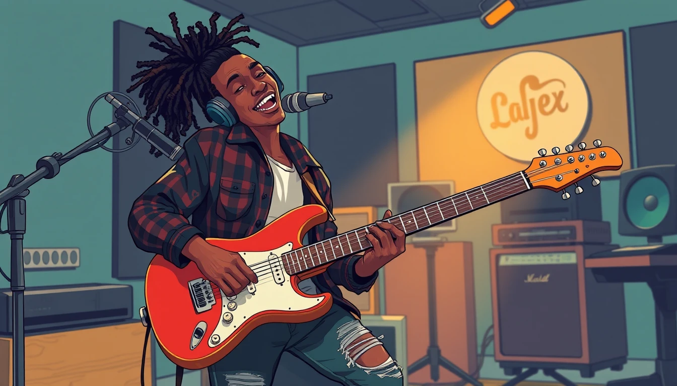 Músico negro se apresentando apaixonadamente em estúdio