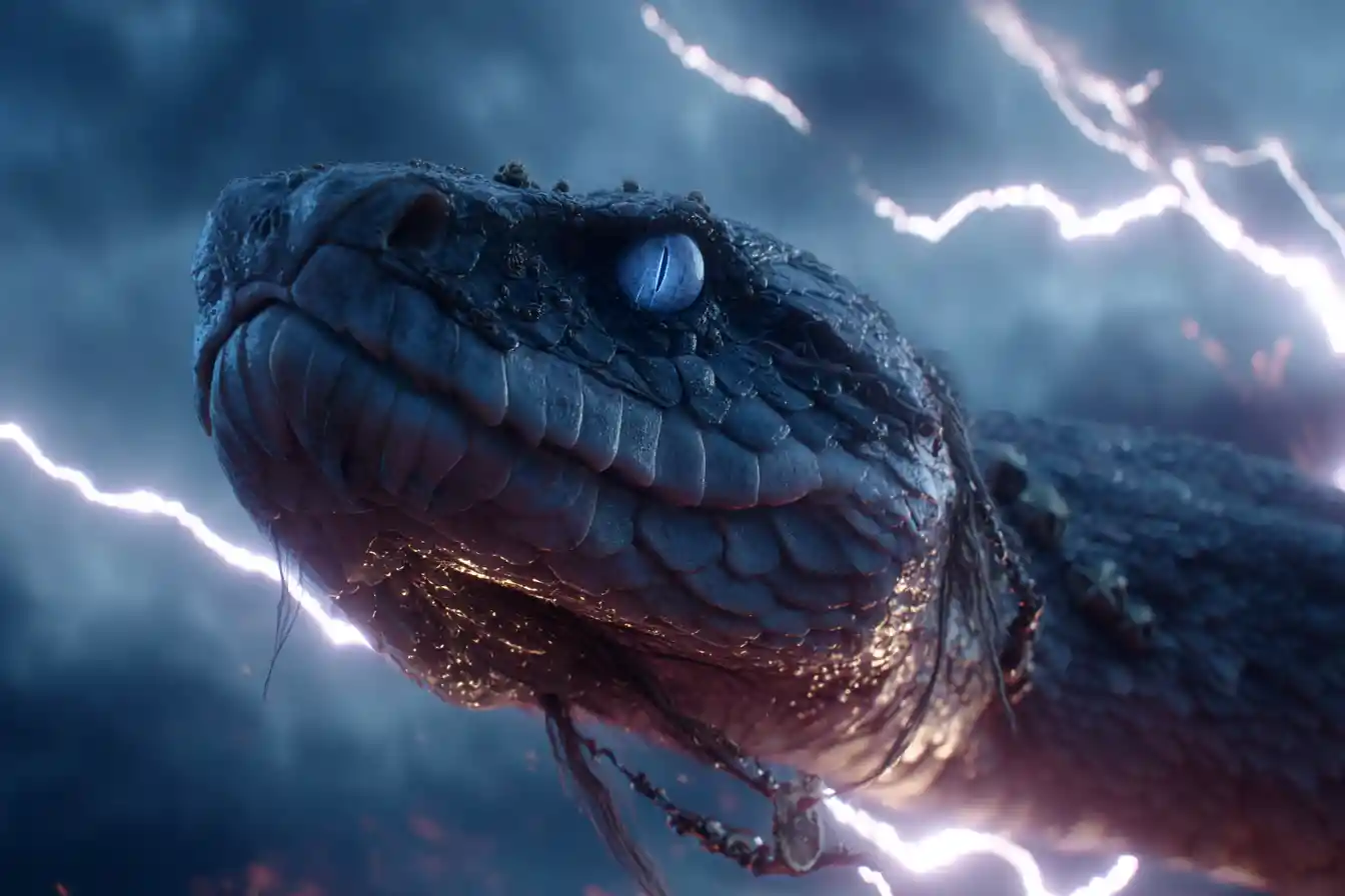 Bruja montando una serpiente gigante en medio de una tormenta con relámpagos