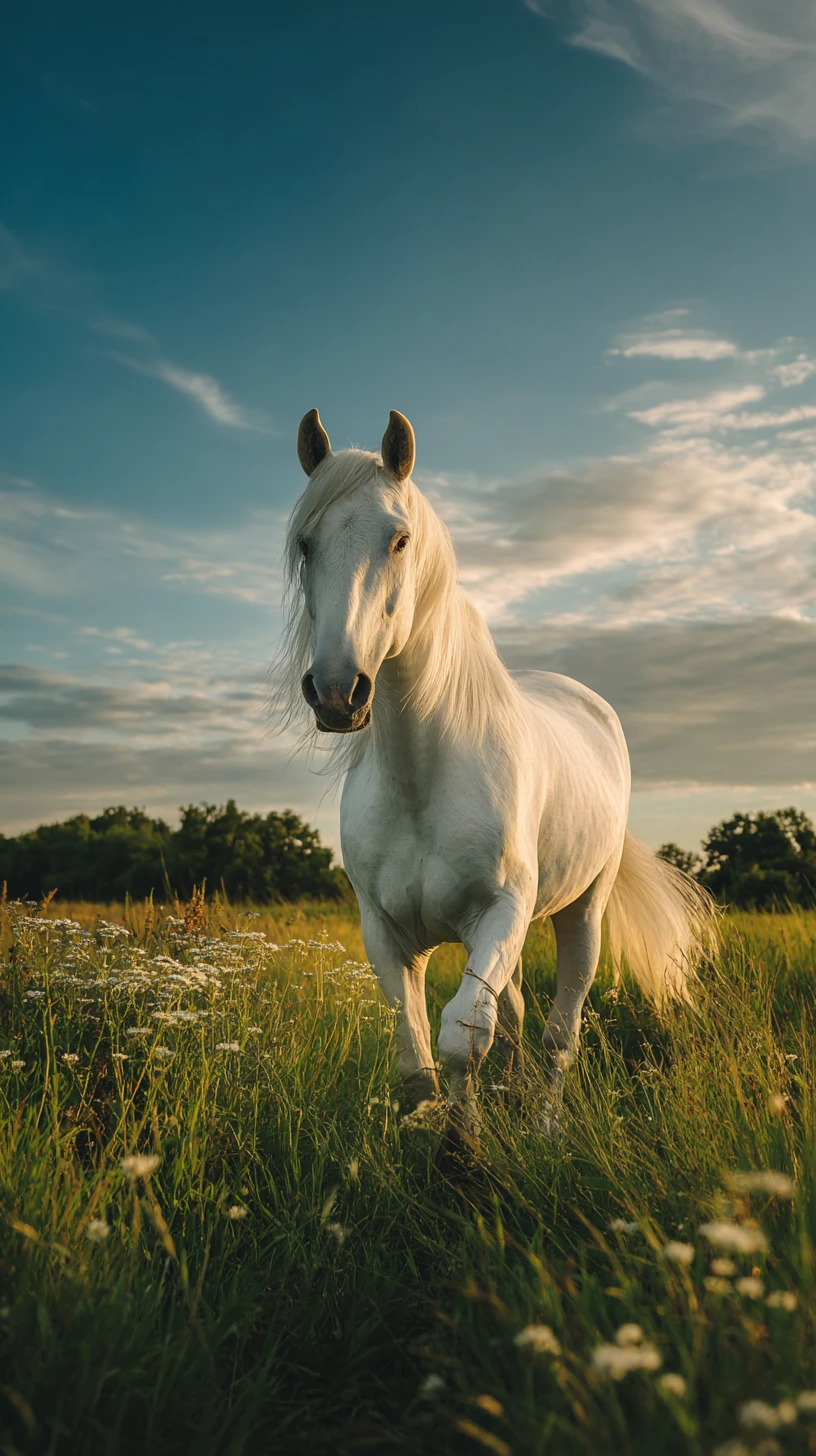 Cavalo branco em um prado iluminado pelo sol ao entardecer