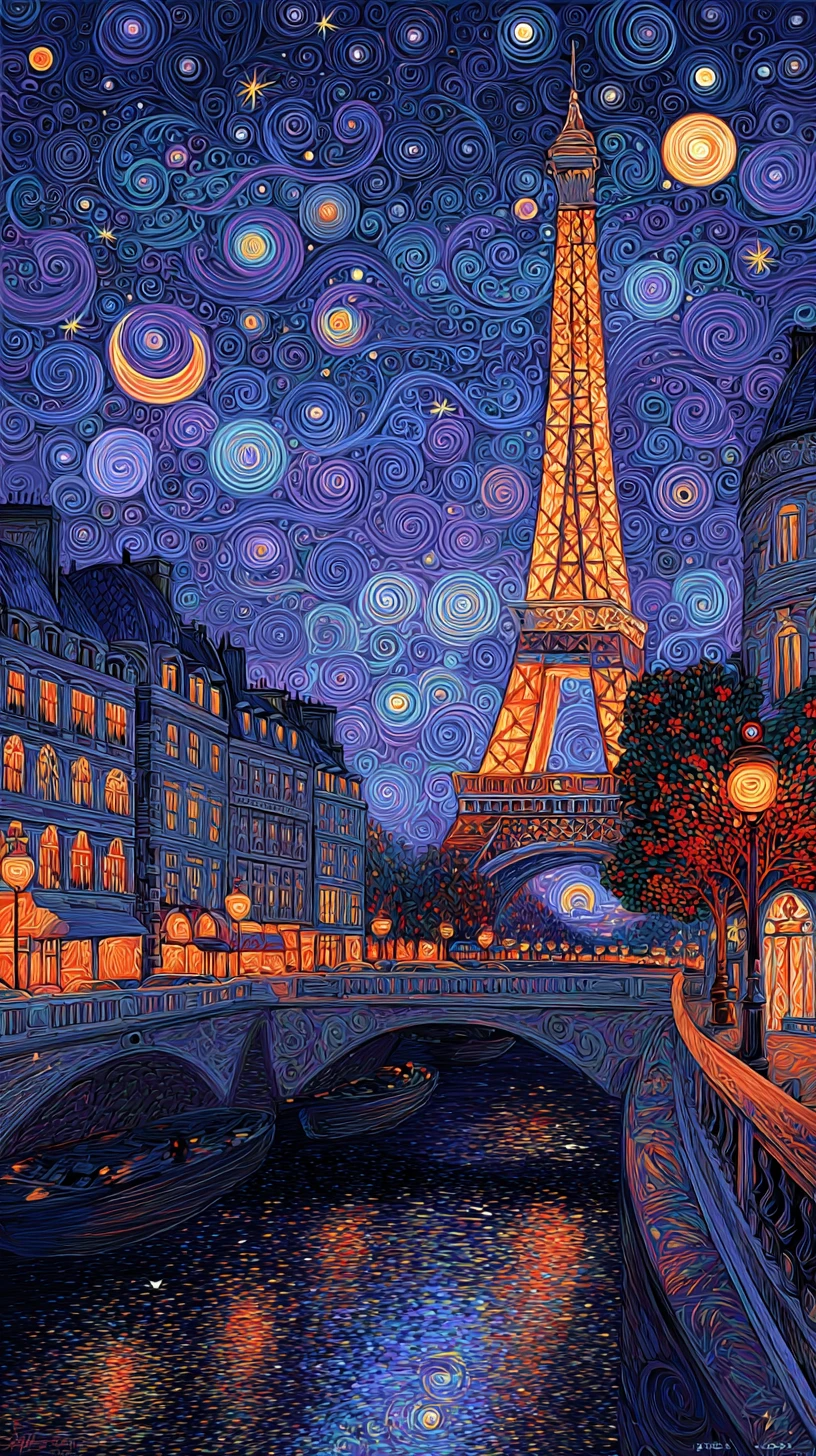 Golden surreal Paris cityscape along the Seine at midnight