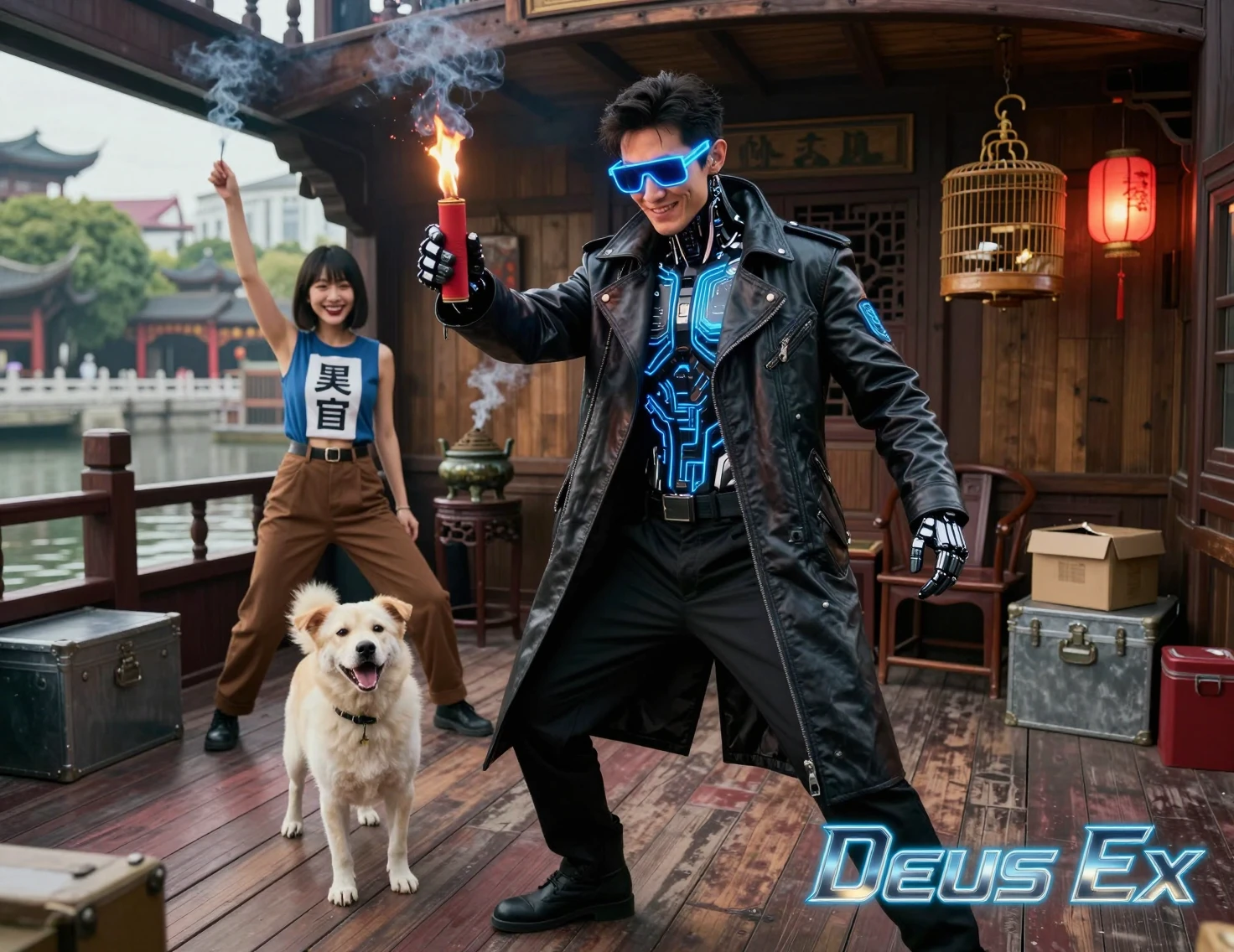 Cybernetic detective posing with firecracker on ship deck