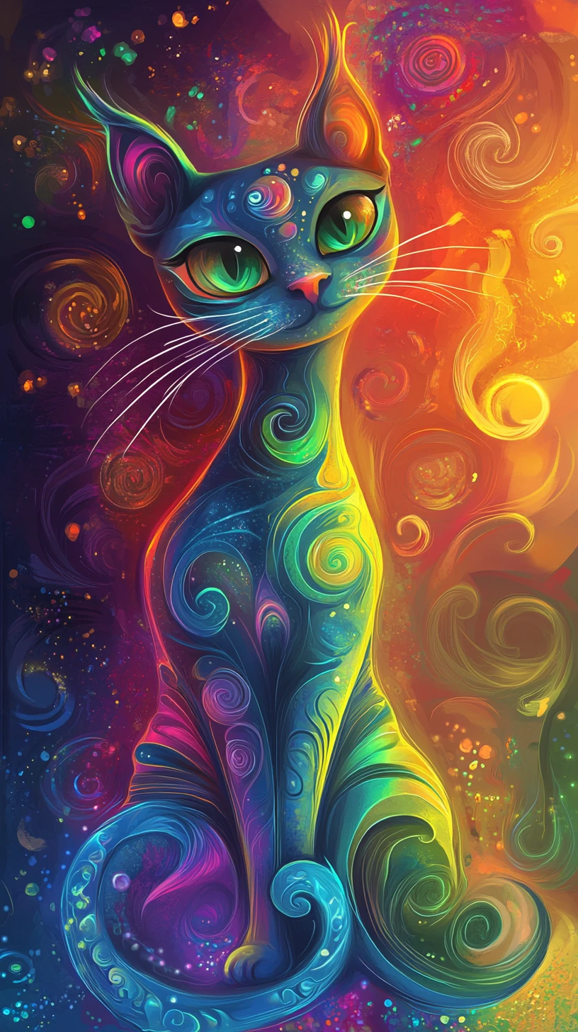 Gros plan d’un chat cartoon fantaisiste sur fond abstrait arc-en-ciel