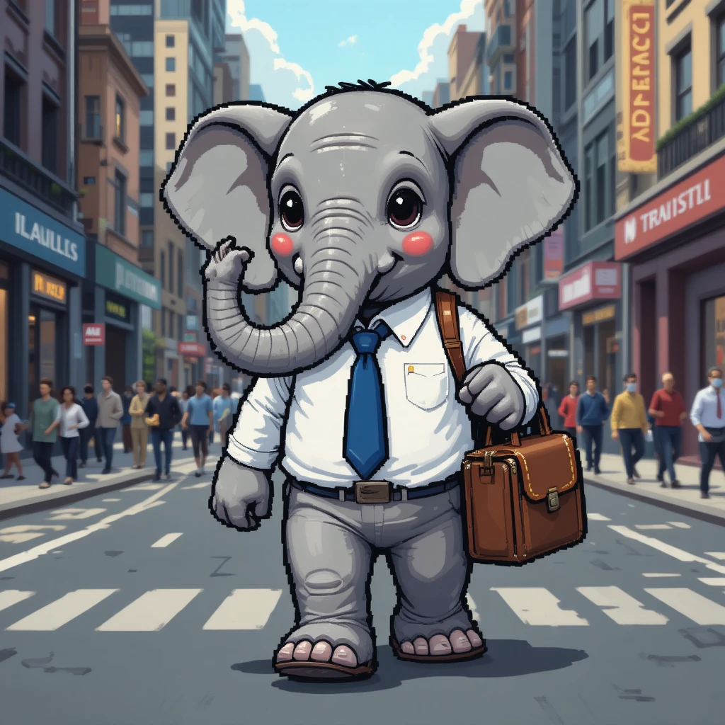 Adorable éléphant en pixel marchant dans une rue animée de la ville