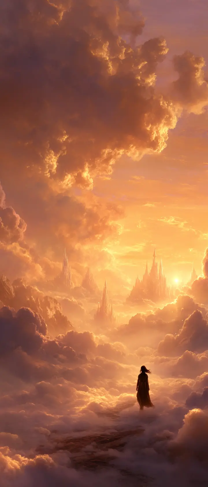 Einsame Gestalt in goldenen Wolken am Sonnenuntergangshimmel