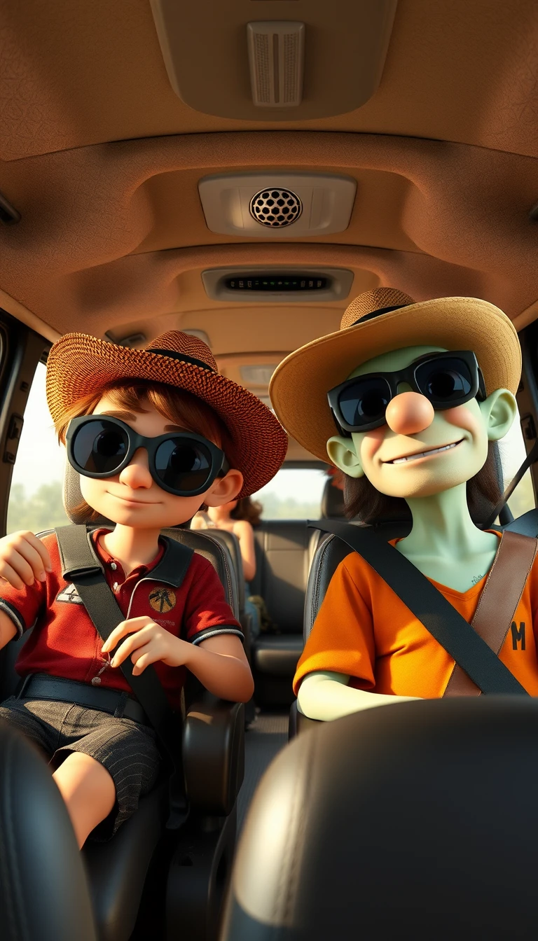 Gothic cartoon characters riding a holiday bus on the highway