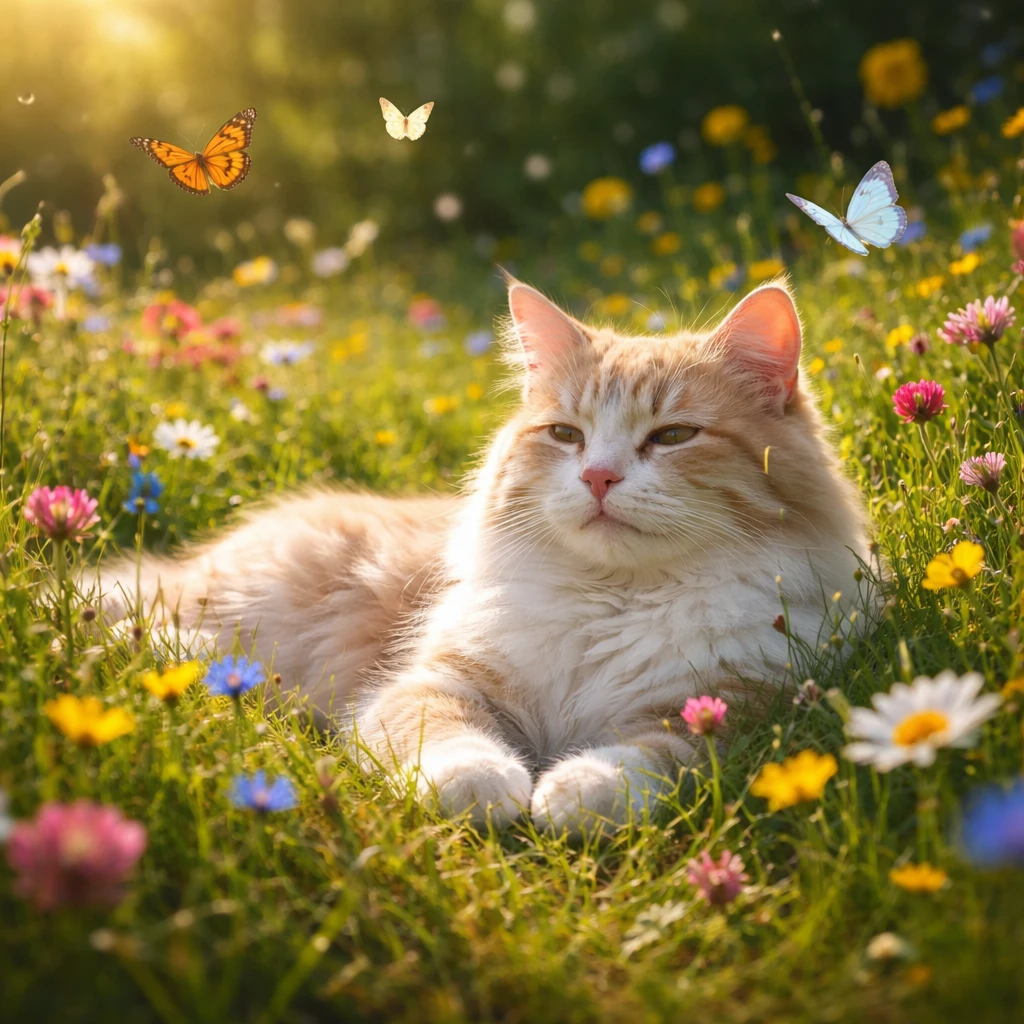 Gato tranquilo descansando em um prado de flores silvestres com borboletas