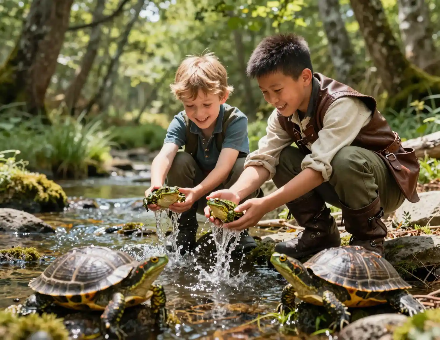 Zwei Jungen spielen mit einer Schildkröte in einem sonnigen Waldbach