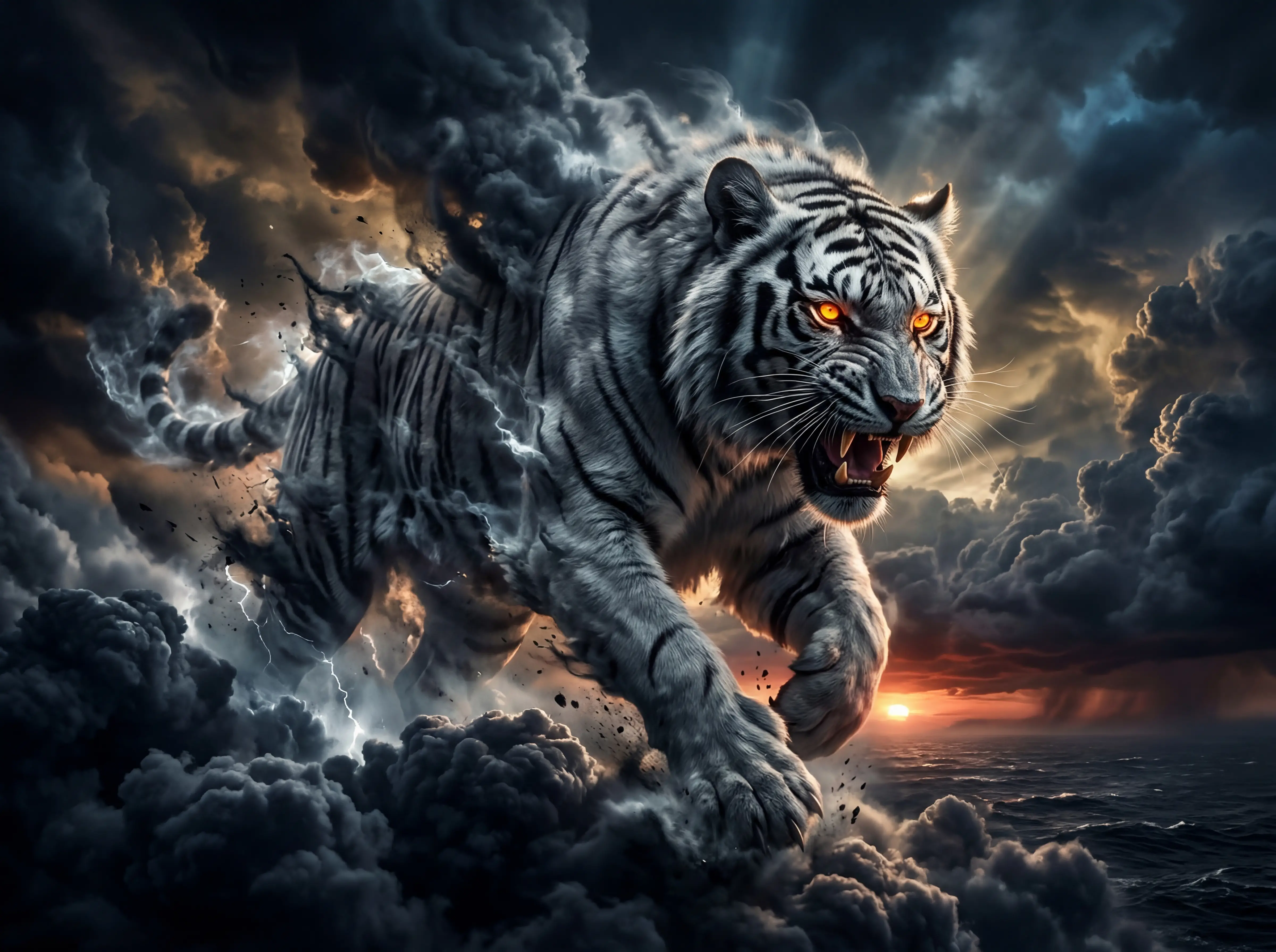 Kolossaler weißer Tigergeist, der durch Sturmwolken stürmt