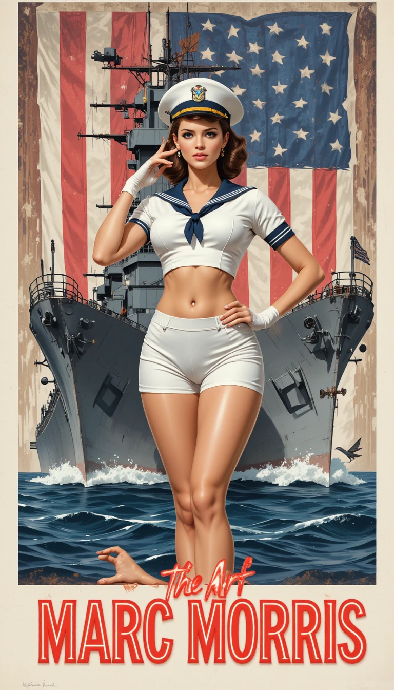 Marinheira pin-up morena saudando diante de couraçado e bandeira