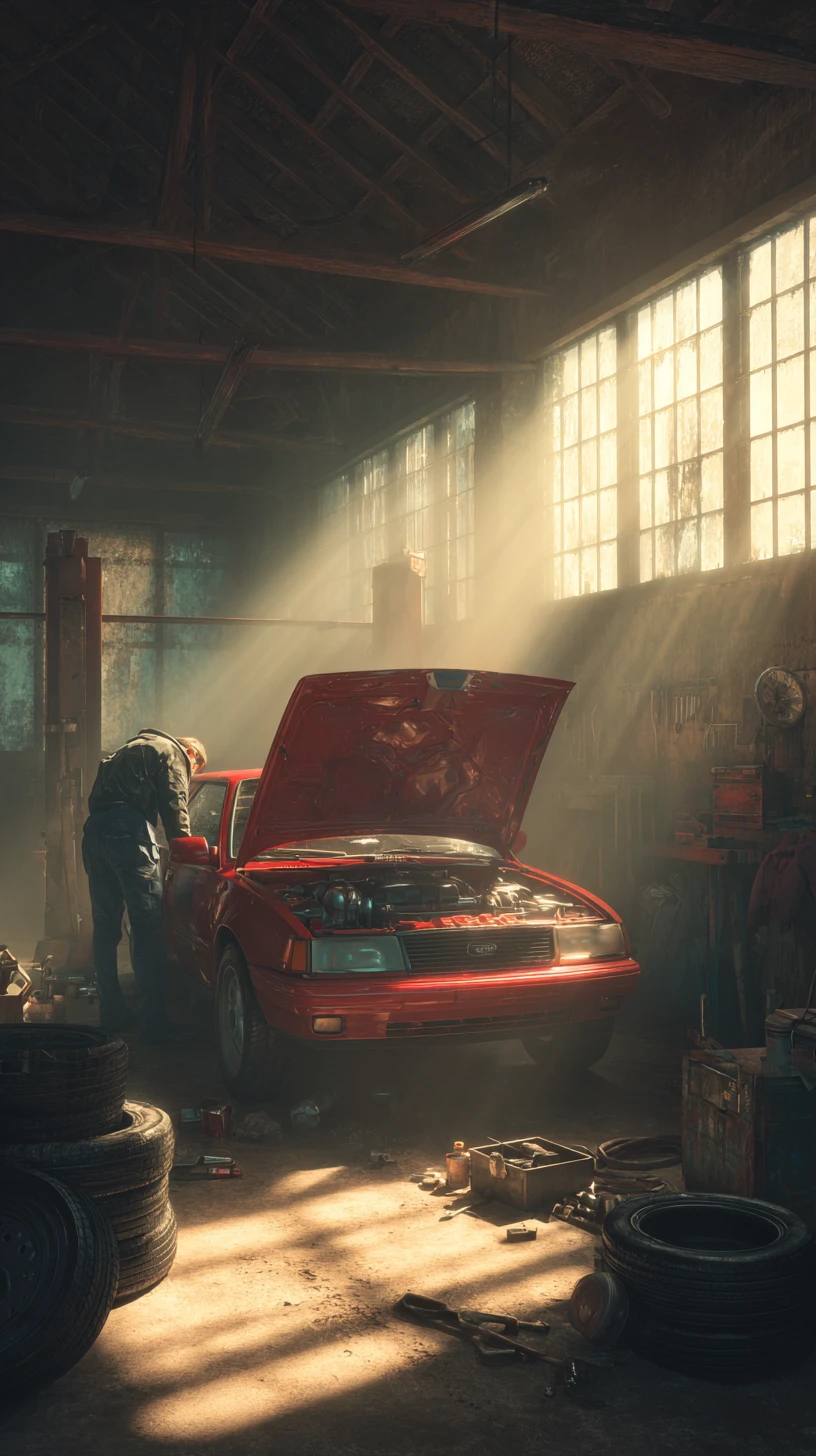 Mecânico reparando carro vermelho em garagem iluminada pelo sol