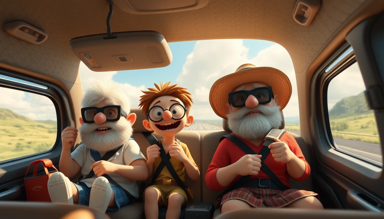 Lustige gothische Cartoonfiguren in einem Ferienbus