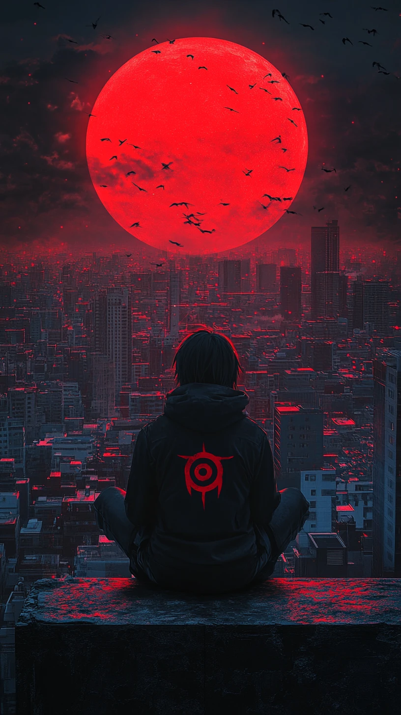 Lonely figure on dystopian rooftop above red cyberpunk city