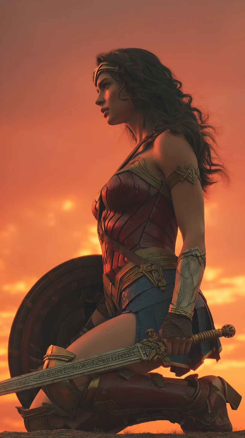 Cinematic portrait of a kneeling warrior woman at sunset