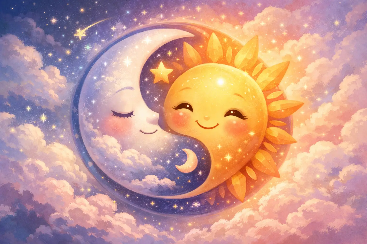 Cute yin yang illustration of sleepy moon and smiling sun