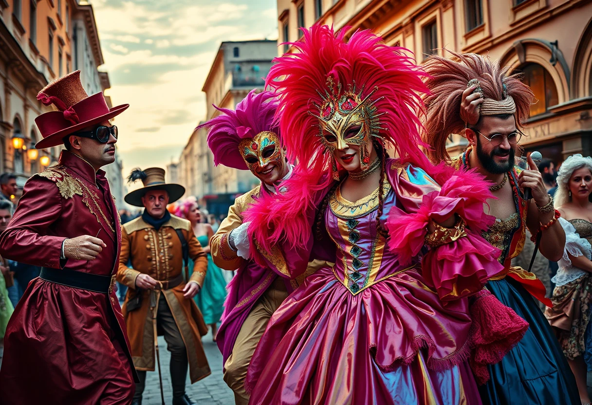 Barocke Schauspieler in einem lebhaften römischen Marktplatz