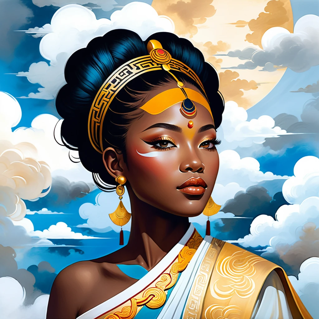 Mystic sky goddess drifting among soft celestial clouds