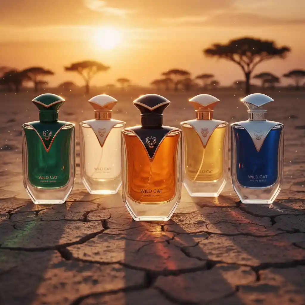 Wild Cat perfume bottles on sunlit African savannah