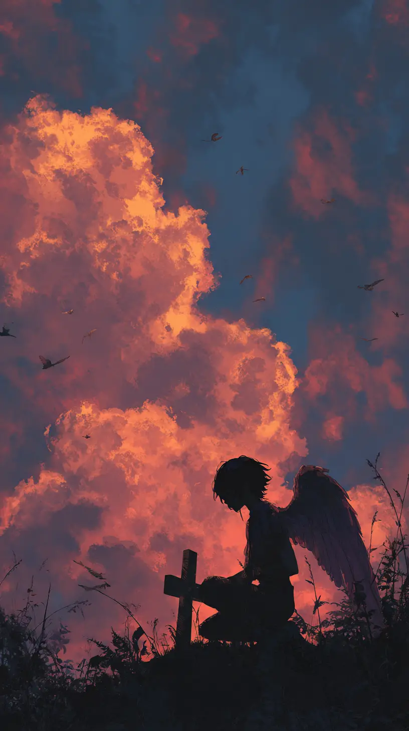 Silhouettierter Engel mit Kreuz vor leuchtendem Sonnenuntergangshimmel