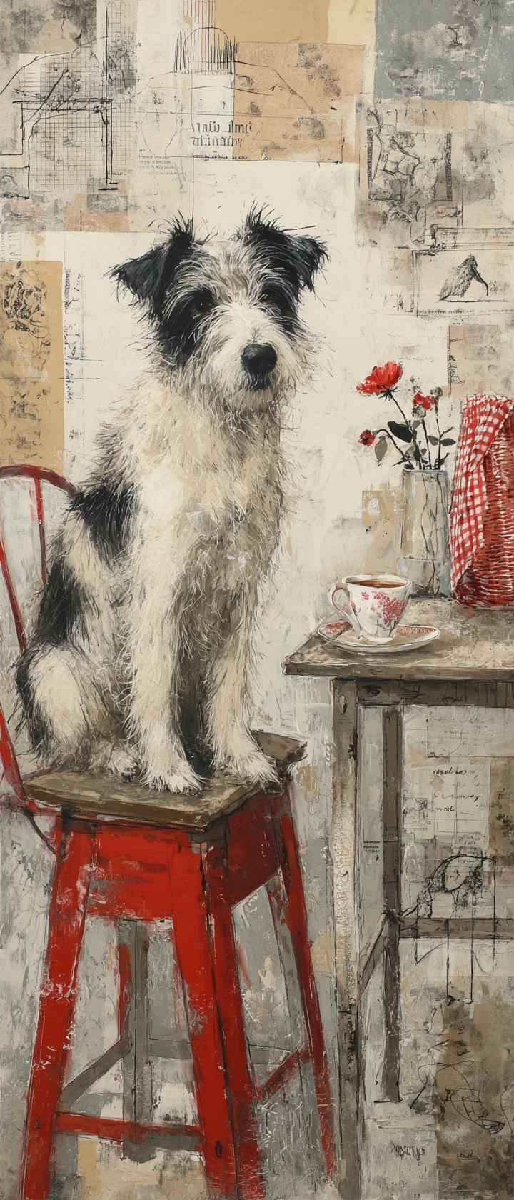 Cão desgrenhado em banquinho vermelho ao lado de mesa bistrô vintage