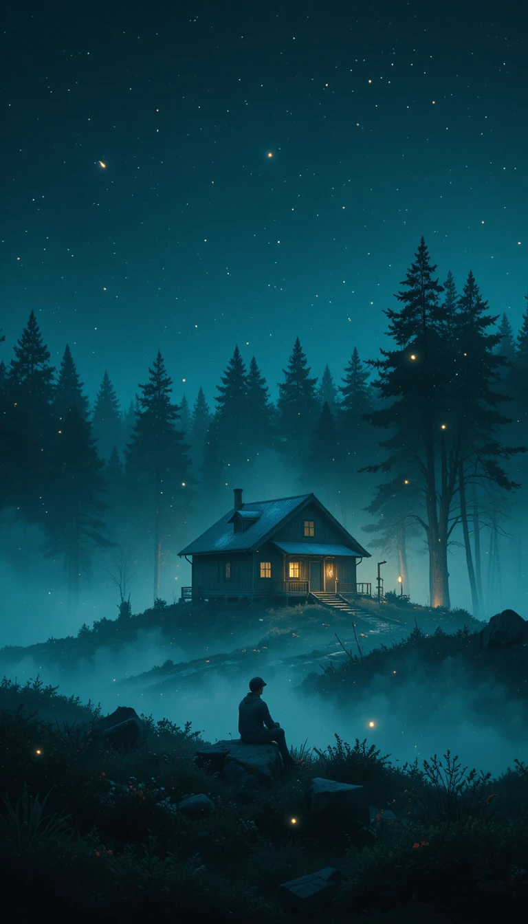 Lonely forest cabin glowing softly on a quiet snowy night