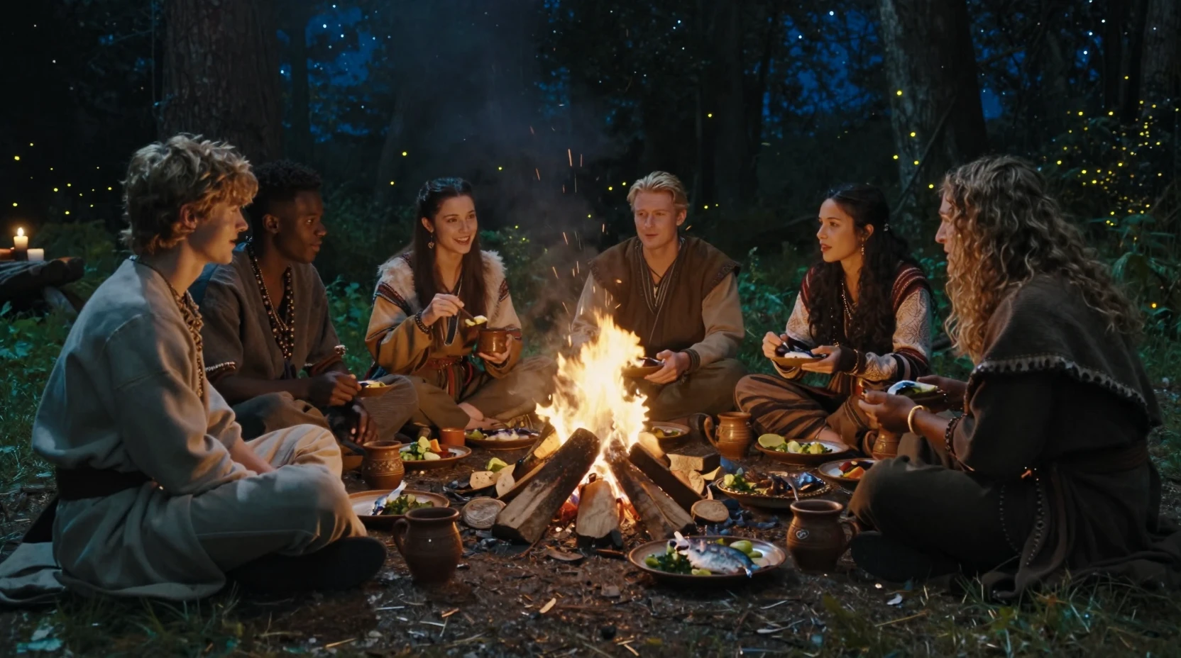 Amigos compartilhando um jantar na fogueira em uma floresta estrelada