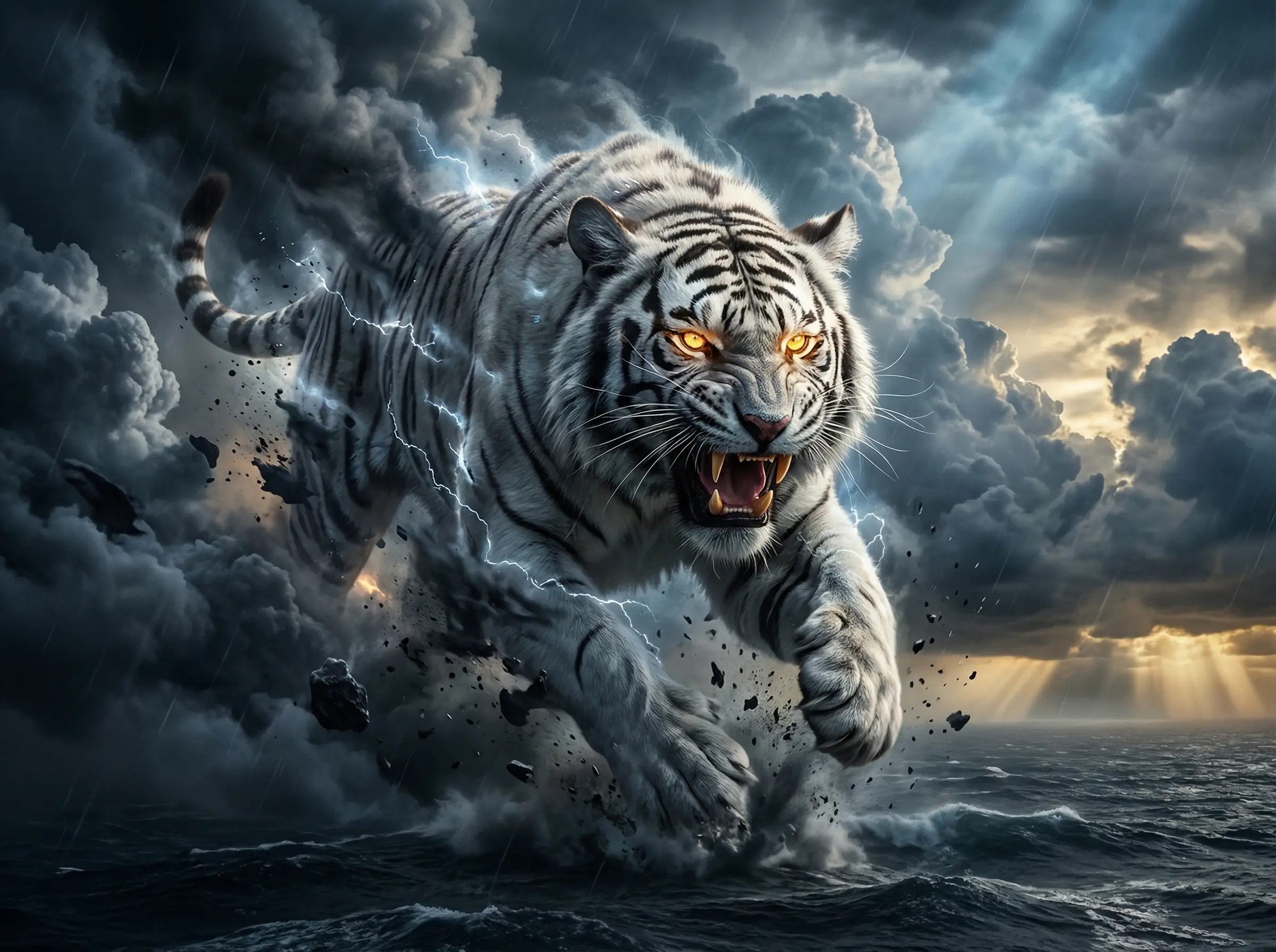 Legendärer Weißer Tiger, der durch Sturmwolken prescht