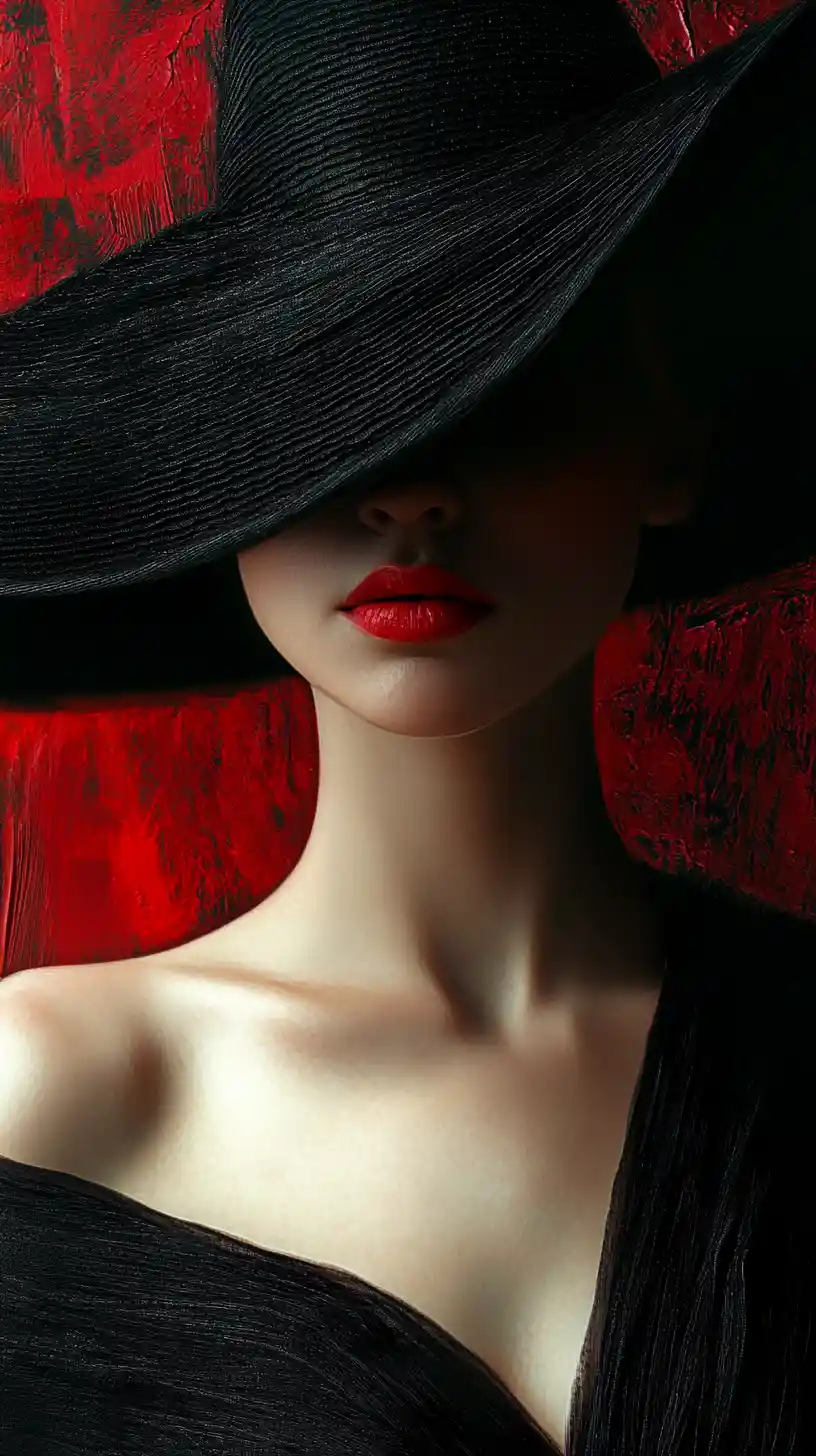 Mysterious woman in black hat with red lips portrait