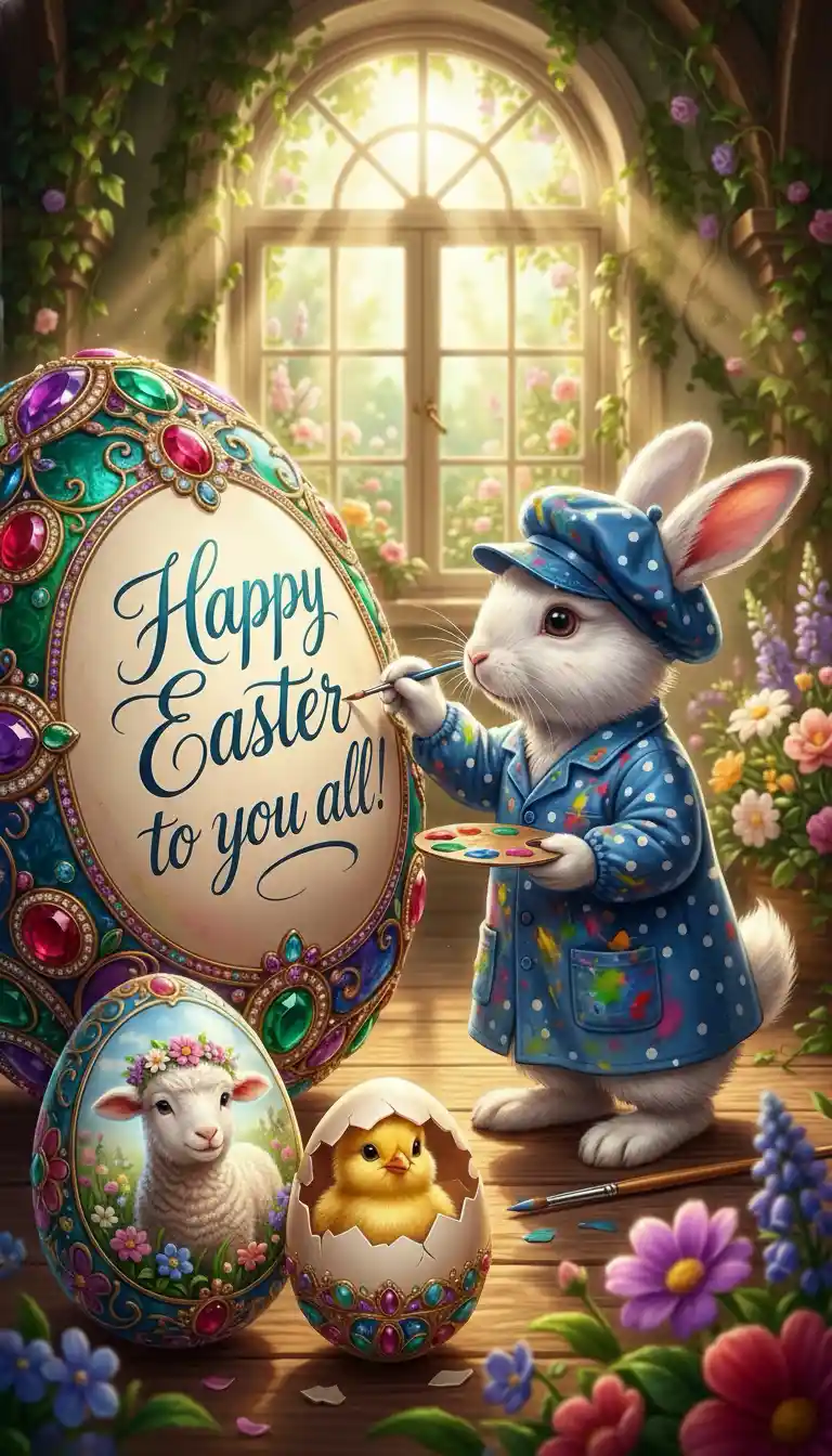 White rabbit painting a giant easter egg in sunlight