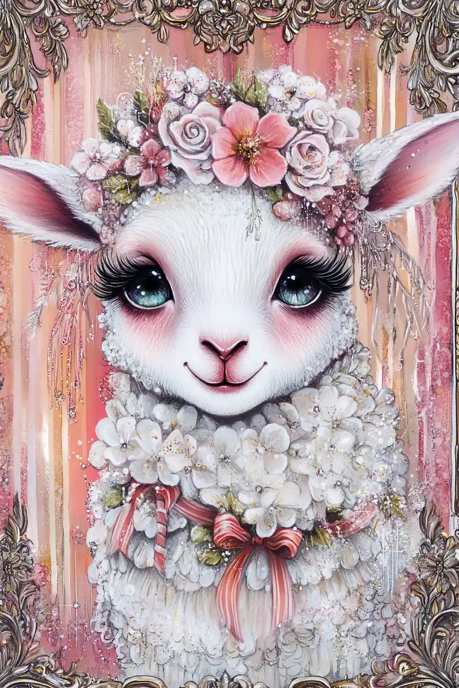 Anthropomorphic lamb diva with pastel ribbons and flowers