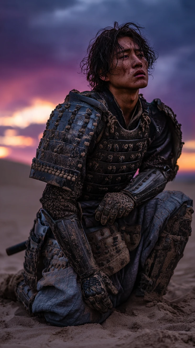 Samurai solitário ajoelhado na areia ao crepúsculo após a batalha