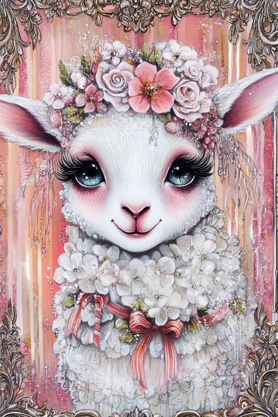 綁著粉彩緞帶與鮮花的擬人化小羊天后