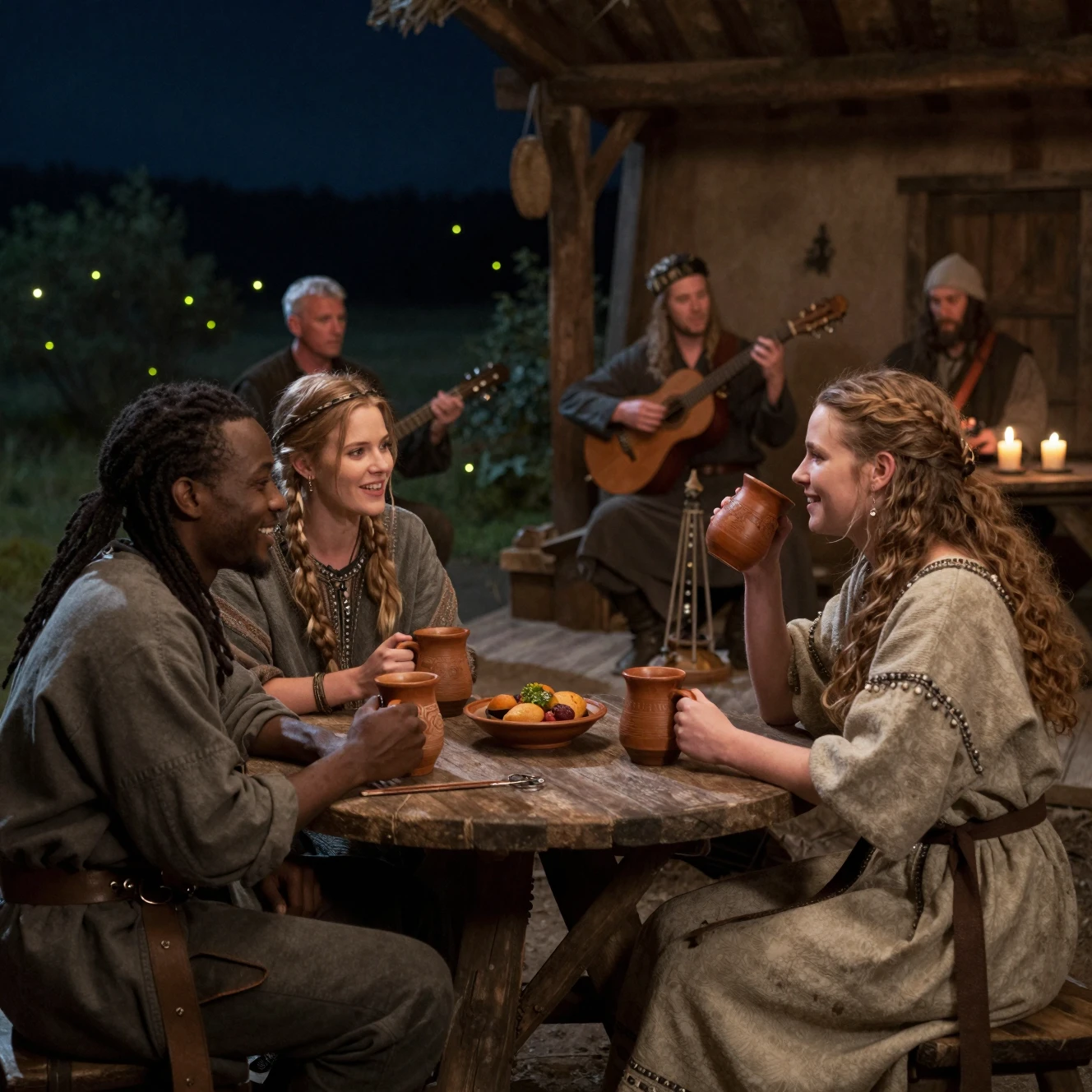 Amigos rindo com canecas de barro em uma aconchegante taverna de fantasia