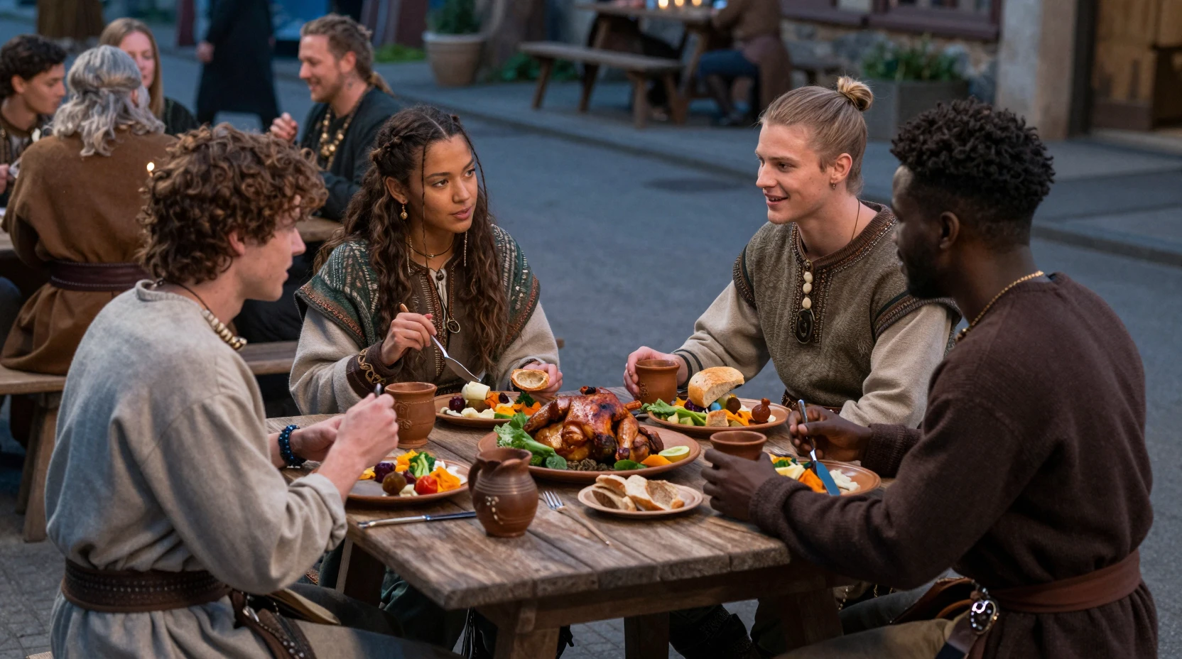 Des amis partageant un dîner à la table d’une taverne fantastique en rue