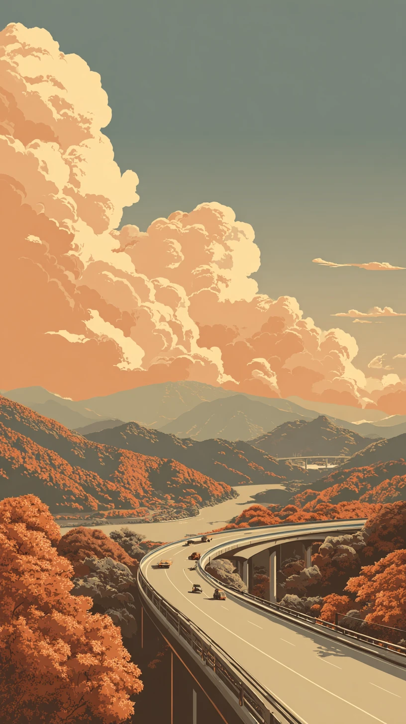 Autoestrada serena na montanha sob a suave luz da tarde