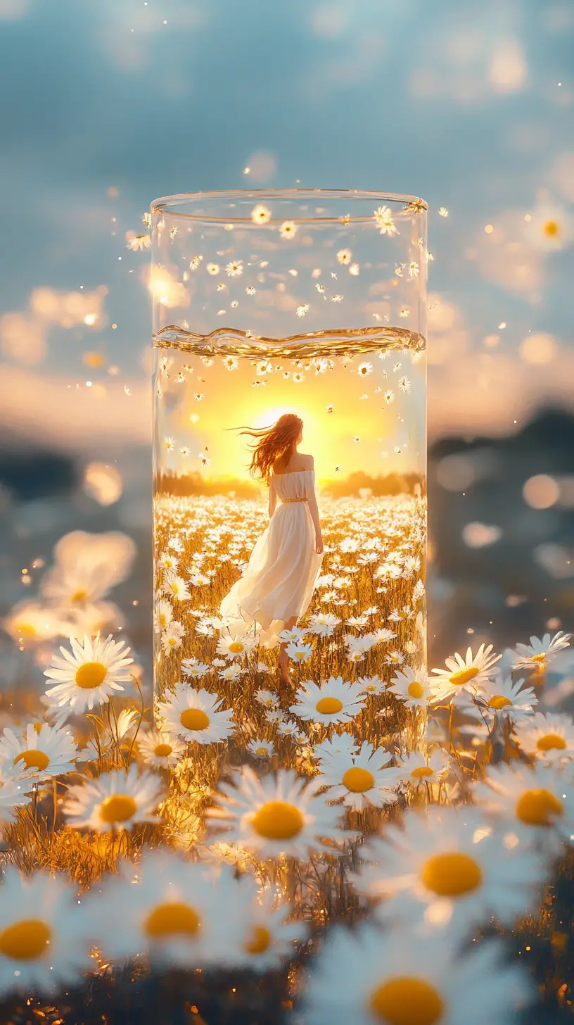 玻璃景觀中的少女、傾瀉的雛菊與夕陽