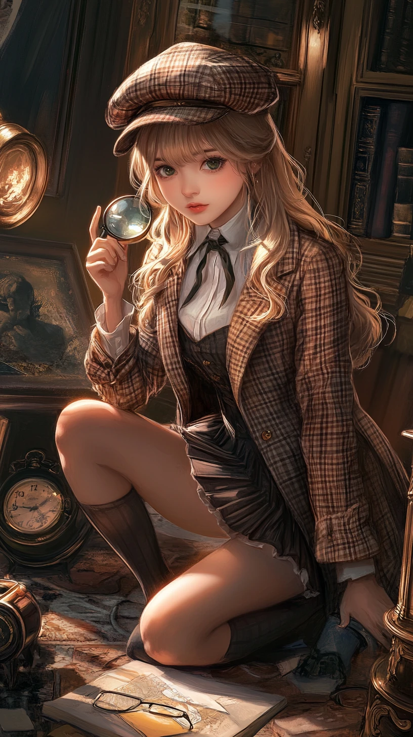 Anime detective girl searching the floor in golden light