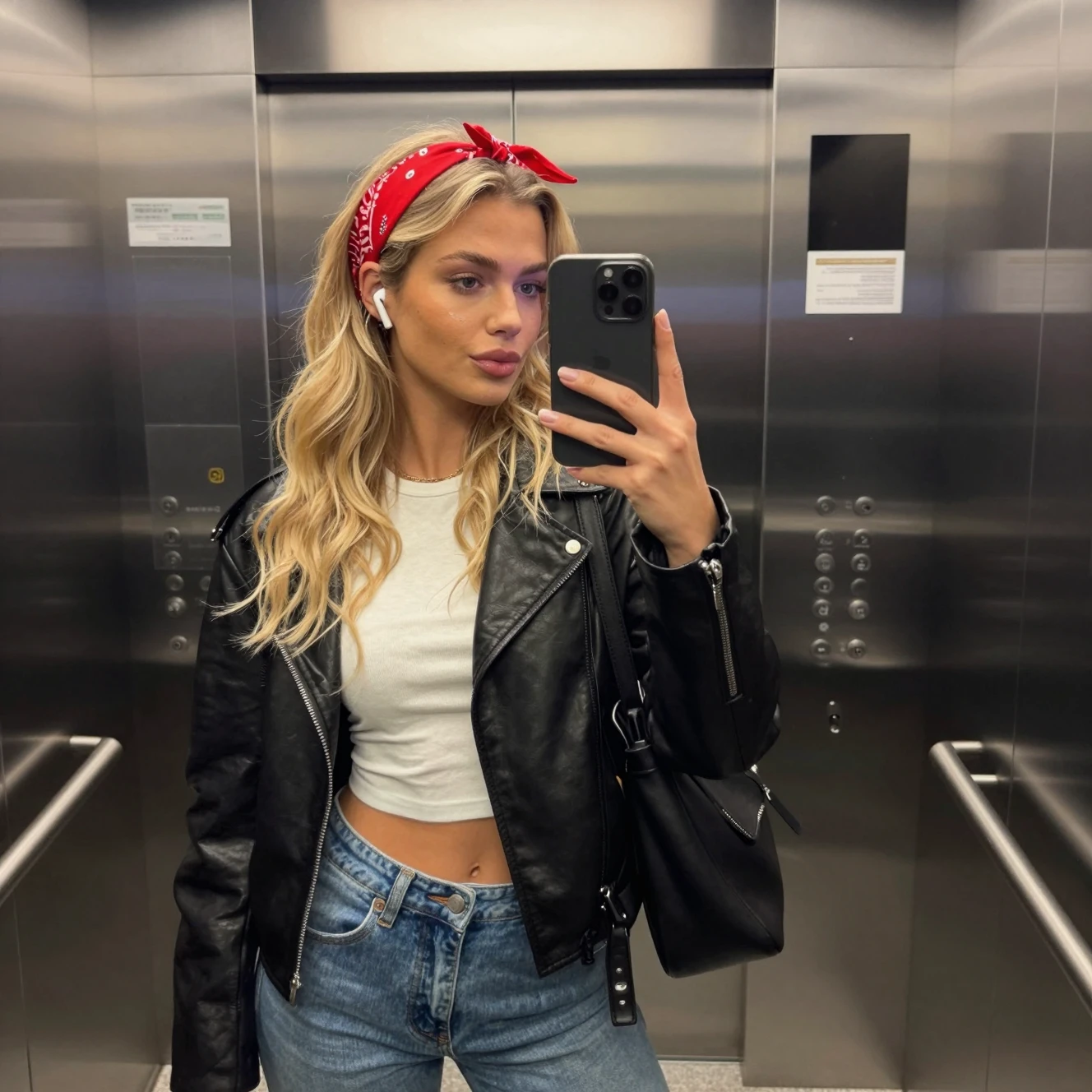 Stilvolles Selfie einer jungen Frau im Spiegel eines urbanen Aufzugs