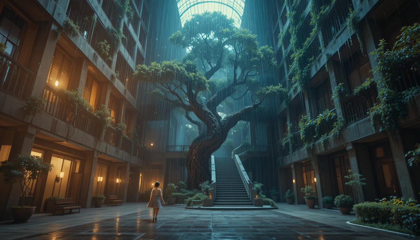 Futuristic green building with giant tree after the rain