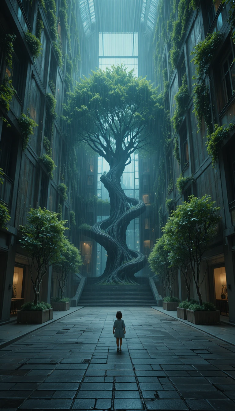 Futuristischer Turm, umwunden von einem riesigen Baum nach dem Regen