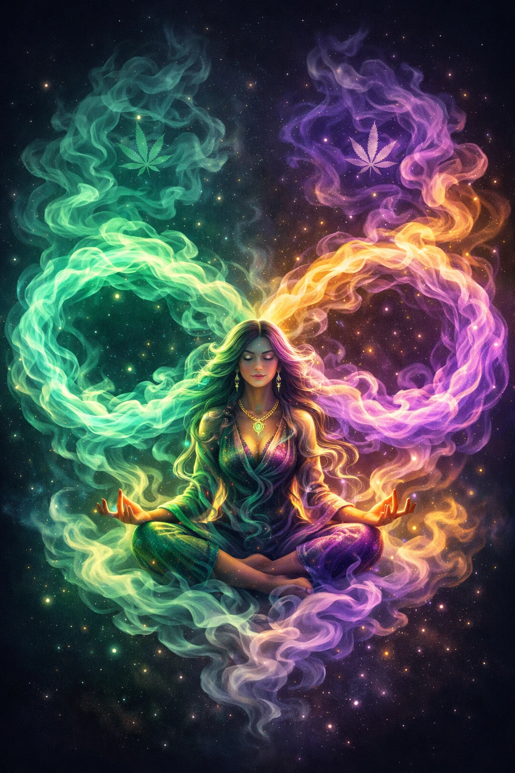Neon smoke infinity loops swirling around a central figure