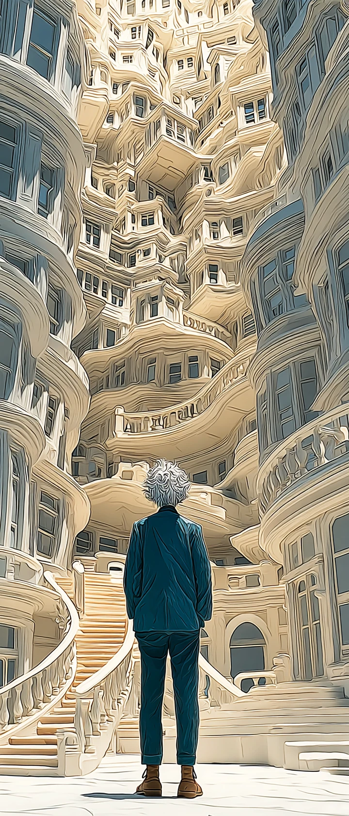 Arquiteto de anime impressionado com modelo impossível de prédio em op art