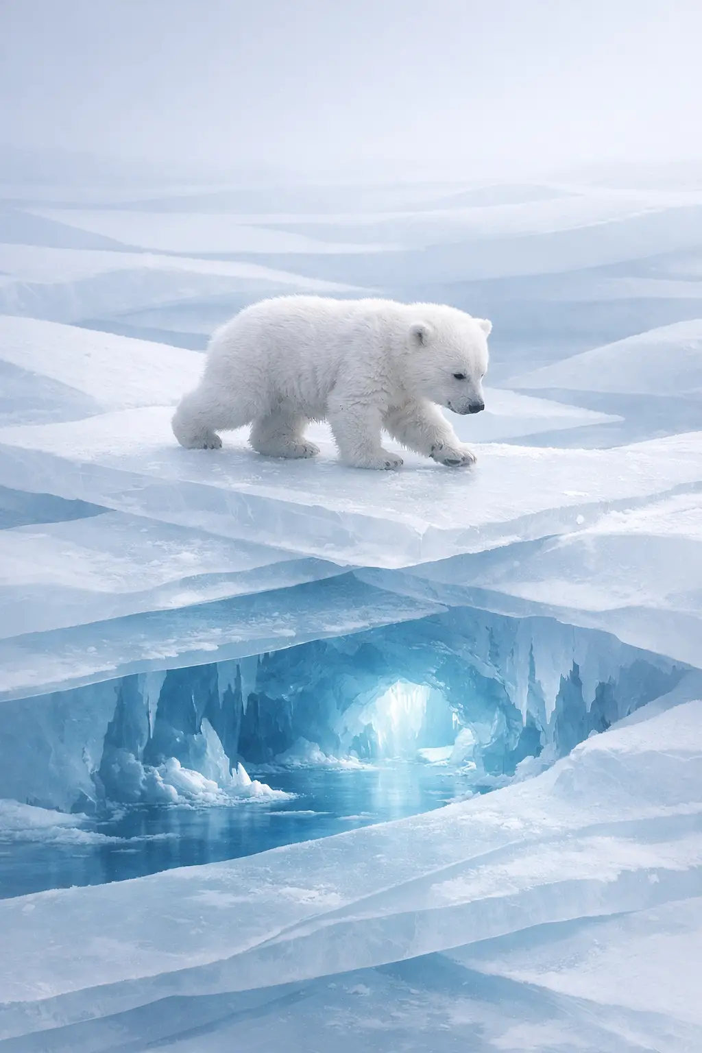 Baby-Eisbär überquert eine schichtweise leuchtende arktische Eiswelt