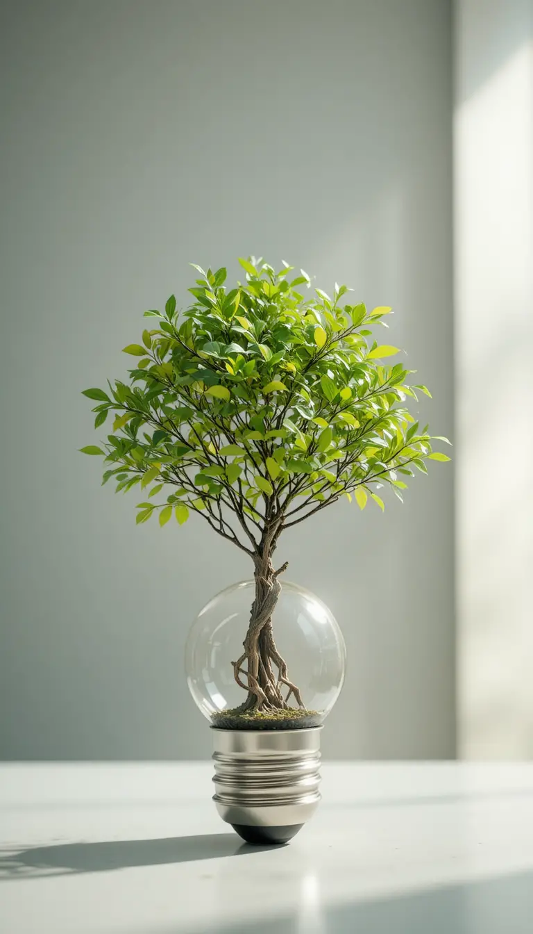 Green tree growing inside a clear light bulb on surface